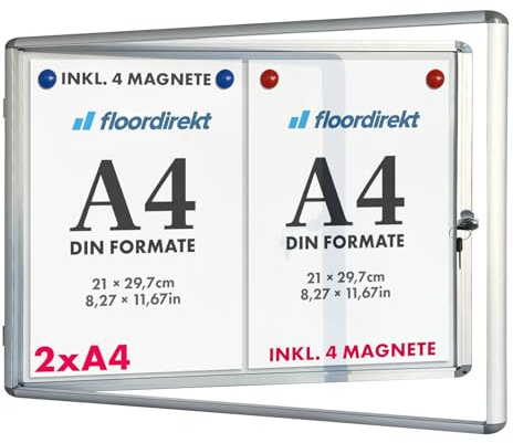 Floordirekt | Panneau d'affichage en aluminuim, vitrine d'affichage avec Serrure à clé | Panneau arrière magnétique - Porte avec Serrure - Cadre en Aluminium | 24 aimants Inclus| 2 x A4