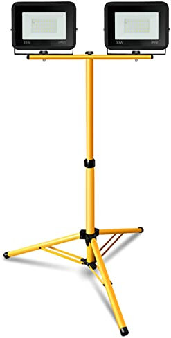 EINFEBEN Foco LED para construcción con trípode, 2 x 30 W, luz blanca fría, foco LED, resistente al agua IP66, 6000 K, 2550 lm, foco exterior para almacén, taller