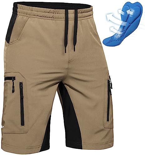 Ally Men's Mountain Bike Shorts 4D Padded Lightweight Loose-fit with Zipper Pockets for Biking Cycling Bicycle Riding Biker (Attached-pad Khaki, X-Large)