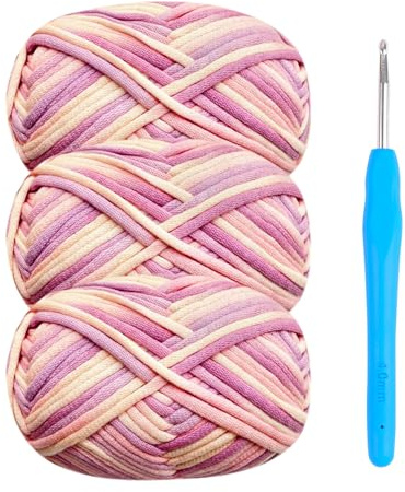 Tjockt bomullsullgarn för nybörjare – 3 x 50 g mix-rosa, amigurumi-garn med 4 mm virkad krok, lätt virkad startsats