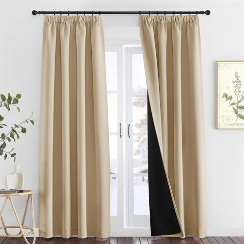 PONY DANCE 100% Blackout Pencil Pleat Curtains - Double Layered, Short Thermal Insulated Curtains & Drapes for Bedroom/Kitchen, 2x W55 X L102, Biscotti Beige