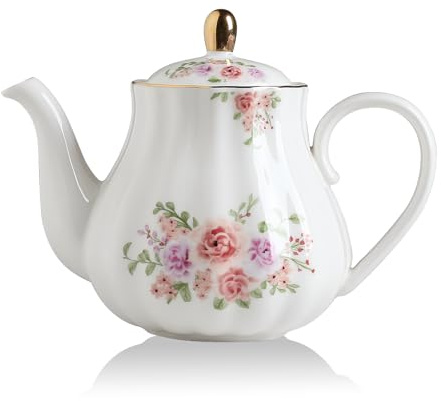 Sweejar Home Porcelain Tea Pot with Infuser and Lid,Teaware with Filter 890 ml for Tea/Coffee/Milk/Women/Office/Home/Gift (Pumpkin Shape, Rose Flower)