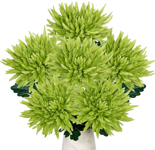 Hollyone 6Pcs Green Artificial Mums Flowers Spring Chrysanthemum Flowers 25.6 Long Stem Faux Spider Mum Flower Large Floral Arrangements Bouquets Fake Pincushion Silk Flower Home Decor
