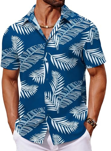 COOFANDY Hawaiian Shirts for Men Short Sleeve Summer Floral Shirts Funky Holiday Shirt Lightweight Hawaii Beach Shirt Regular Fit Palm Leaves Blue M