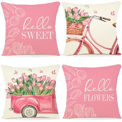 ZWJD Blumen Kissenbezug frühling 50x50 4er Set Kissen FrühlingDekokissen Leinen Kissenhülle Kissenbezüge Florales Aquarellgemälde Kissenhüllen für Sofa Wohnzimmer Deko frühling Zierkissen 50x50cm