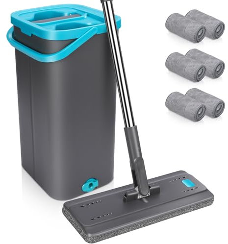 MASTERTOP Juego de Fregona y Cubo, Fregona Plana Cubo con 6 Paños de Microfibra, para Limpiar Suelos de Madera, Laminados, Azulejos y Mármol (Gris Oscuro)