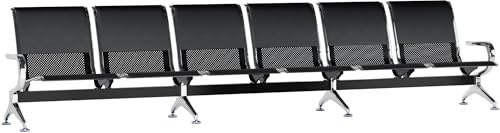 CLP 6er Wartebank Airport mit Kunstlederbezug, Sitzbank für 6 Personen mit Metallgestell in Chrom-Optik, mit Rückenlehne, Farbe:schwarz/schwarz