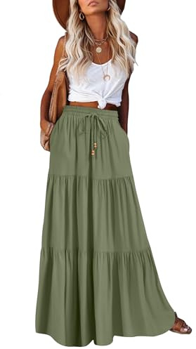 HAEOF Falda larga de verano para mujer, estilo bohemio, acampanada, con volantes, cintura alta, elástica, con bolsillos