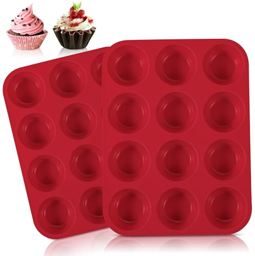 YIYIZI Moldes Silicona Paquete de 2, Bandeja 24 Muffins, Moldes Magdalenas Antiadherentes, Sin BPA, Lavable a MáQuina, Resistente 220 °C, Molde Magdalenas Horno Para Cupcakes, Brownies (Rojo)