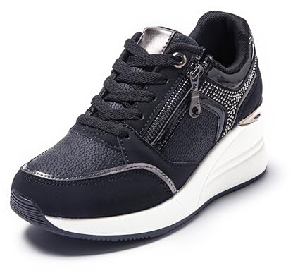 JOMIX Scarpe da Ginnastica Donna con Zeppa Sneakers Eleganti con Cerniera Laterale e Suola Spessa Comode per Camminata Quotidiana WSC255216 Nero 40