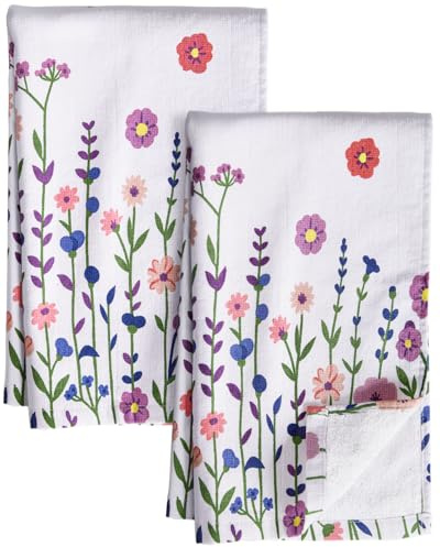 Miss Adola Cotton Kitchen Towels Set of 2 - Cute Design 16×26 Inch Dish Towels for Kitchen with Hanging Loop Purple Flower Quick Dry Hand Towels Soft & Absorbent, Terry Cloth Decorative Tea Towels