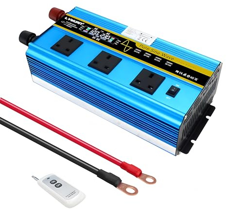 Yinleader Pure Sine Wave 2500W/5000W Power Inverter DC 12V to AC 240V with LCD Display, 3 UK Sockets, Cooling Fan & Wireless Remote
