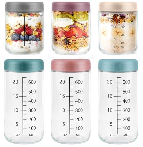 6 barattoli per conserve con tappo a vite, 500-750 ml, ermetici e riutilizzabili, perfetti per Overnight Oats, insalata, yogurt, budino, marmellata fatta in casa, spezie, chicchi di caffè e molto