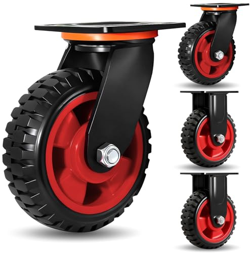 6 Inch Caster Wheels(2 Swivel & 2 Fixed), Heavy Duty Swivel Plate Casters with Rubber Knobby Tread for Workbench, Dolly, Cart, Trolley, Wagon and Chicken Coop, Large Rubber Castor Wheels,