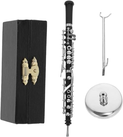 Alipis Adorno Delicado de Oboe Modelo Miniatura Decoración para Escritorio y Hogar Resistente Vinilo y Metal con Soporte y Caja de Piel Negra Regalo Original para Músicos Color
