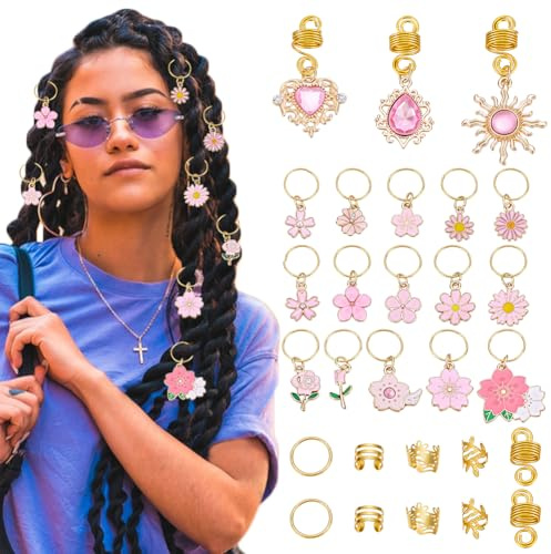 DELORIGIN 132pcs Pink Crystal Hair Jewelry Butterfly Clips Flower Loc Jewelry Hair Charms with Jump Rings Alloy Enamel Hair Clip Ornaments Glass Pendants Accessories for Women Dreadlock
