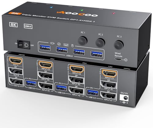 8K@60Hz HDMI Displayport KVM Switch 3 Monitors 3 Computers 4K@144Hz Triple Monitor KVM Switches with USB 3.0 Port,Wired Remote,Power Adapter and USB3.0 Cables(16.2 cm 3 PC 3 Monitor 8K KVM)