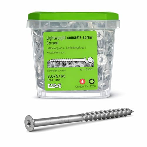 ESSVE betongskruvar 8,0 x 130 mm C4 (CorrSeal) – för lättbetong och gasbetong (Ytong, Siporex, Leca) – TX30 – härdat stål – utan förborrning – ESSBOX + system