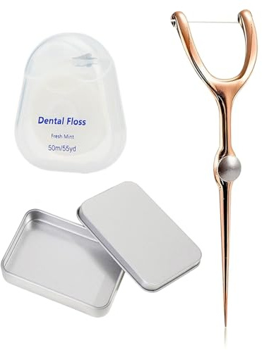 DAFNE 1 juego palillos de hilo dental de metal y púas de hilo dental,kit de soporte hilo dental reutilizable con funda portátil,herramienta de hilo dental para el cuidado bucal para viajes(plata)