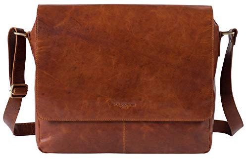 HOLZRICHTER Berlin - Messenger Bag aus Leder (No 2-1), 30x37,5x10cm Umhängetasche für Herren, Hochwertige 13 Lehrertasche für die Arbeit & Uni, Schultertasche in Camel-Braun