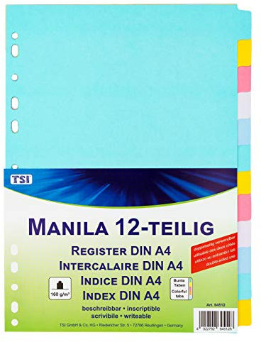 TSI Intercalaires en carton manille solide - 12 pièces - Avec onglets colorés - Inscriptible - Numéro d'article : 64512