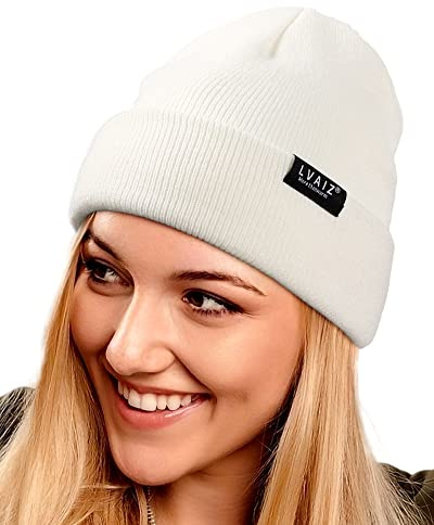 Satin Lined Winter Beanie Hats for Women Unisex Cotton Knitted Cuffed Knit Hat with Silky Lining Slouchy Skull Cap White