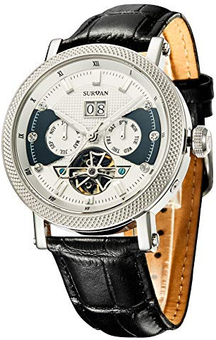 SURVAN WatchDesigner Watch for Men Sapphire Crystal Mechanical Skeleton Automatic Men's Wrist Watches Ion-Plated Leather Strap Copper Watch Needle（White）