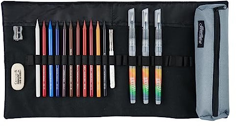 CRETACOLOR Künstler-Set Herbstedition, inkl. grauem Rolletui, limiterte Auflage, 18-Teile, inkl. Radierer und Spitzer, diverse Künstlerartikel, leuchtende und satte Farben