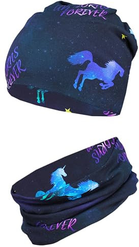TupTam Mädchen Kinder Beanie Mütze Schlauchschal 2er Set Herbst Winter gefütterte Übergangsmütze mit Loop, Farbe: Jersey zweilagig - Einhorn Lila Dunkelblau, Hat Size: 52