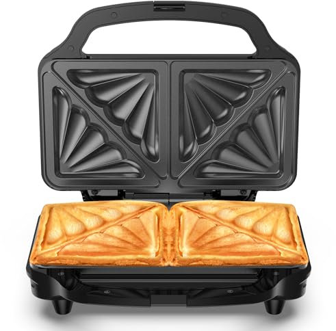 OSTBA APPLIANCE Sandwichera para 4 Sándwiches, 900W Sandwichera Electrica, Revestimiento Antiadherente, Control automático de temperatura, Color Acero y Negro
