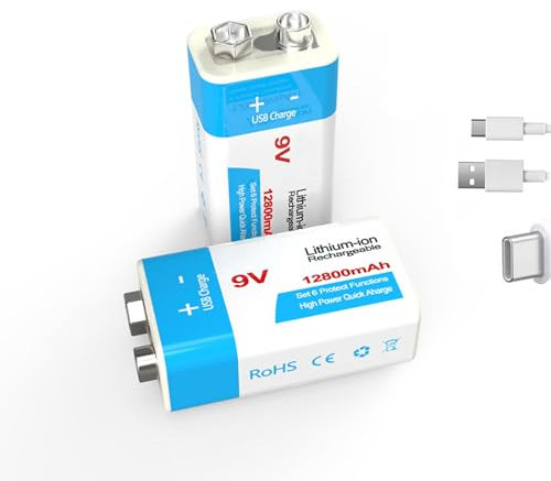 WILLQ Batterie al Litio Ricaricabili da 9 V USB Tipo C 9 Volt 9900 mAh 12800 mAh Batterie di Ricambio Carica Rapida 1,5 H 1000 cicli per dispositivi elettrici da 9 V,2pcs 9v12800mah