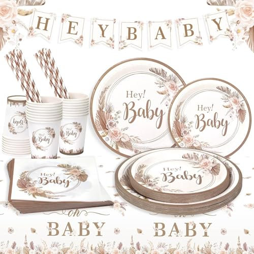 Heboland Babyparty Deko Partygeschirr Set, 100 Stück Neutral Hey Baby Party Decoration Teller Becher Servietten für Baby Shower Deko