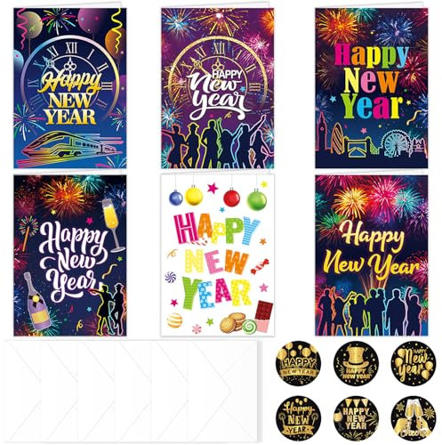 LECONCES Bunt Neujahrskarten 2025 mit Umschlag, 6 set Grußkarten Happy New Year Karten mit Aufkleber, Silvester Postkarten Grußkarten für Frohes Neues Jahr 2025