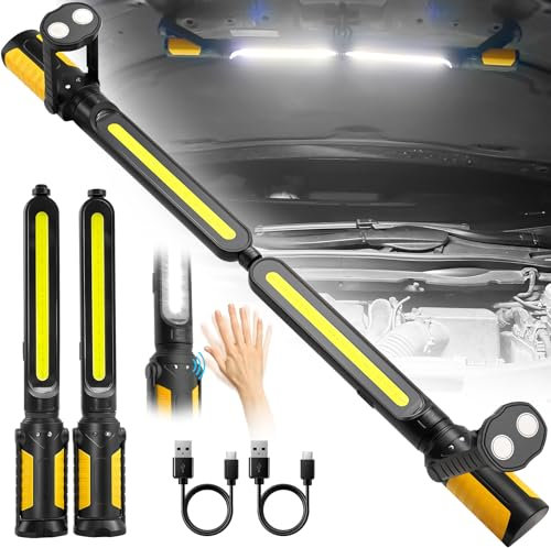 SYLSTAR Werkstattlampe LED mit Sensorsteuerung, 2400LM LED Arbeitsleuchte mit 3 Helligkeitsstufen, 4400mAh Akku Lampe, Haken & Magnetfuß für Werkstatt, Autoreparatur, Garage und Notfall