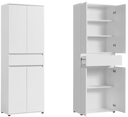 Schrank 60 cm breit mit 4 Türen & Schublade, Vielseitiger Aufbewahrungsschrank Mehrzweckschrank mit 3 Einlegeböden, Schmaler Schrank für Haushalt, Büro, Flur, Schlafzimmer, 64x34x180 cm (BxTxH), Weiß