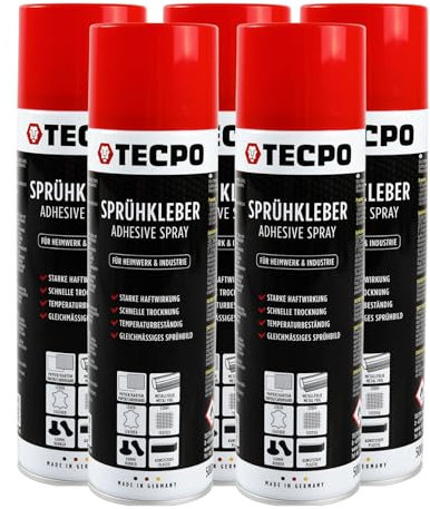 TECPO Sprühkleber 5x 500ml, Industriekleber, Stark haftend, Schnelle Trocknung, Hohe Temperaturbeständigkeit, Vielseitig für Textilien, Leder, Schaumstoffe, Dämmmaterialien, PVC, Papier
