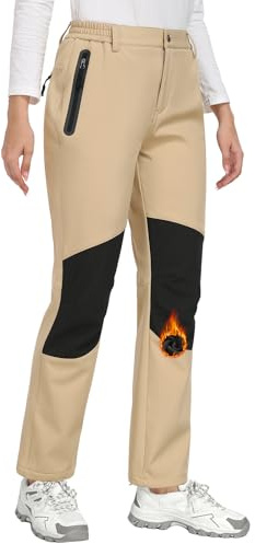 PASUDA Vattentäta promenadbyxor för kvinnor termiska vandringsbyxor fleecefodrade damer vinter utomhus vindtäta joggingbyxor varma softshell fiske skidor snöbyxor med knä friktionsförebyggande, Khaki