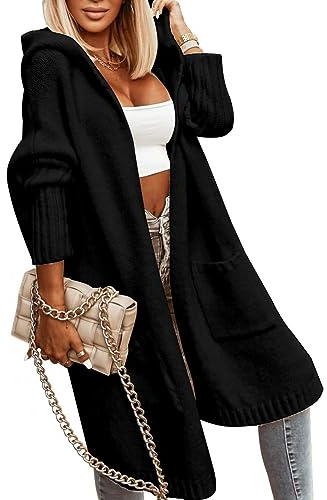 Cicy Bell Womens Long Cardigans Cable Knitted Open Front Sweater Oversized Hooded Outerwear Coat,Black,S