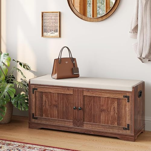 DSNAPE 2-Tier Shoe Storage Bench, 100cm Shoe Bench with Padded Seat Cushion, Entryway Bench with Handles, 2 Doors, Adjustable Shelf for Living Room, Bedroom, Front Door, Hallway, Closet - Rustic Brown