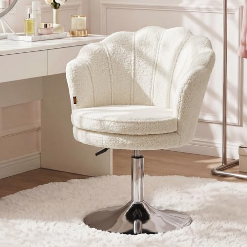 Ckaff Chaise Coiffeuse, Fauteuil Pivotant Réglable en Hauteur, Fautauil de Maquillage en Bouclé, Fauteuils Salon Chaise Rembourrée avec Pied Métal pour Salon Salle à Manger Chambre à Coucher, Blanc
