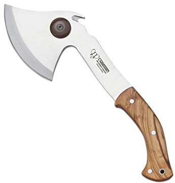 Cudeman Hacha 167-L Acero Inoxidable ACX-380 con Longitud Total de 35 cm empuñadura de Olivo de 14 cm para Caza, Pesca, Supervivencia y bushcraft + Portabotellas Regalo