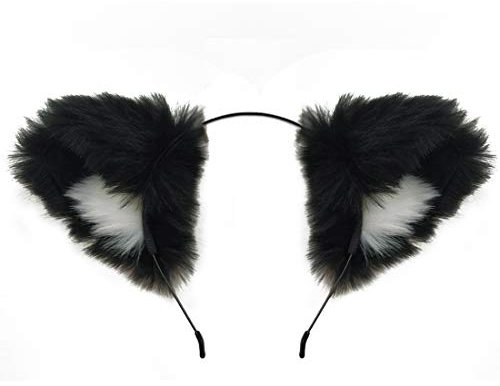 dressfan Katze Ohr Stirnband Fuchs Ohren Haarband Haarreif Niedlich Ohr Haarschmuck für Party Dekoration Anime Lolita Cosplay Kostüm Halloween Dressing Parteien Frauen Mädchen(Schwarz-Weiß)