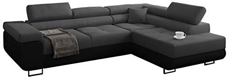 Miami Ecksofa Schlaffunktion, Eckcouch mit Bettkasten, Schlafsofa mit bettfunktion, L Form Couch, Ecksofa mit Bettkasten, Ottomane Rechts, 272 x 203 cm (Dunkelgrau + Schwarzer Kunstleder -EKO)