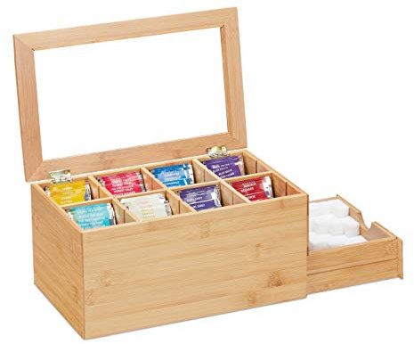 Relaxdays Scatola Porta tè e Tisane bambù, Scomparti Regolabili, Finestrella, Contenitore per Bustine in Legno, Naturale, Fibra, 1 pz
