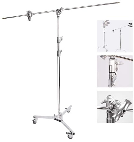 Support Professionnel Robuste en C avec Perche, Bras Solide de 127 cm, Tige de Support d'éclairage de 326 cm, roulettes pour Studio Photo, Studio vidéo, boîte à lumière monolight