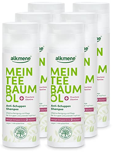 alkmene Mein Teebaumöl Anti Schuppen Shampoo 6x 200 ml weniger Schuppen in 2 Wochen - naturreines Teebaumöl, vegan & klimaneutral - Antischuppen Shampoo gegen Schuppen & juckende Kopfhaut