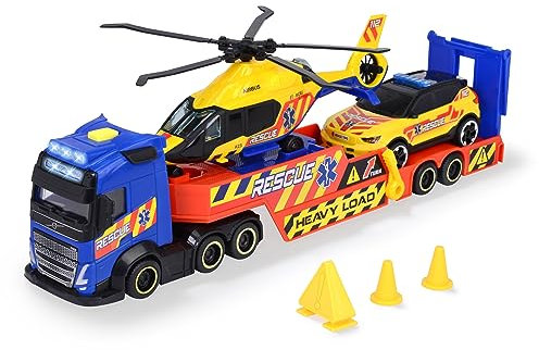 Dickie Toys - 3er-Set Rettungs-Fahrzeuge (Volvo Truck mit Transporter, Auto & Airbus Helikopter) - Spielzeug-Autos für Kinder ab 3 Jahre, mit Zubehör und Funktionen, 40 cm