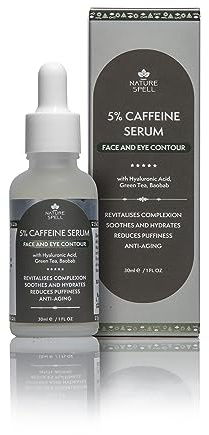 Nature Spell Sérum visage 5 % caféine 30 ml – Infusé avec de l'acide hyaluronique – Contour du visage et des yeux – Sérum anti-âge, apaise, hydrate et réduit les poches