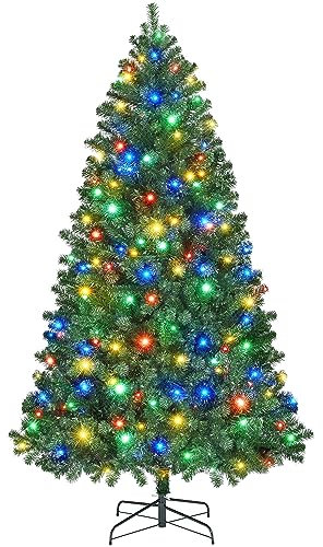 Yaheetech 183cm LED Künstlicher Weihnachtsbaum mit 300 Mehrfarbigen und Warmweißen Lichtern, 9 Lichtmodi, Christbaum Tannenbaum mit 818 Zweigen & Faltbarem Metallständer, Grün