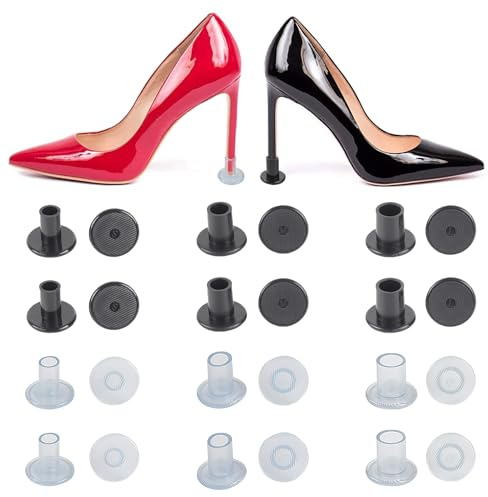 TRKETK 12 Pares Protectores de Tacón Alto, Zapatos de Mujer Tacones Protectores Tapón 3 Tamaños Cubiertas de Plástico Zapato Tacón de Aguja Tapas de Tacón Alto para Hierba Bodas (Transparente/Negro)